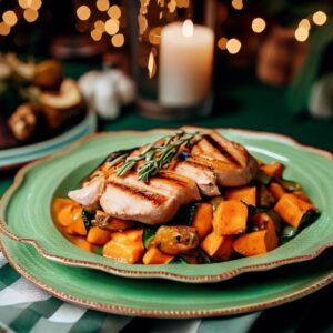 Mesa montada com prato de filé de frango grelhado, batata doce e abobrinha refogada