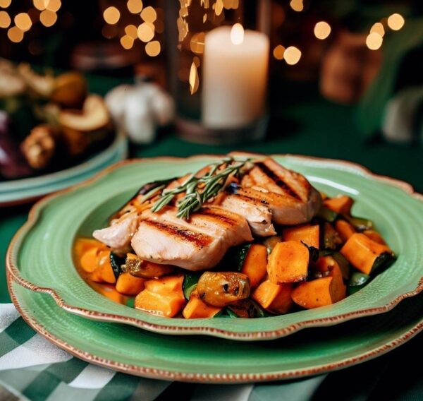 Mesa montada com prato de filé de frango grelhado, batata doce e abobrinha refogada